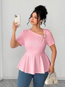 SHEIN Clasi 大码女式不对称领短袖T恤，休闲优雅户外服饰 - 粉色 - 查看 4