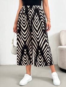 SHEIN PETITE CURVE 大码女式休闲宽松舒适百搭显瘦几何印花黑色弹力腰阔腿裤，女士下装，欧式夏季风格，宽松长裤，度假风 - 彩色 - 查看 3