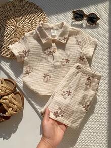 SHEIN 2pcs Baby Boy Summer Vacation Casual Cute Palm Tree Pattern Short Sleeve Loose Shirt&Elastic Waist Shorts Set,Outfit,Crepe Fabric - Multicolor - View 8