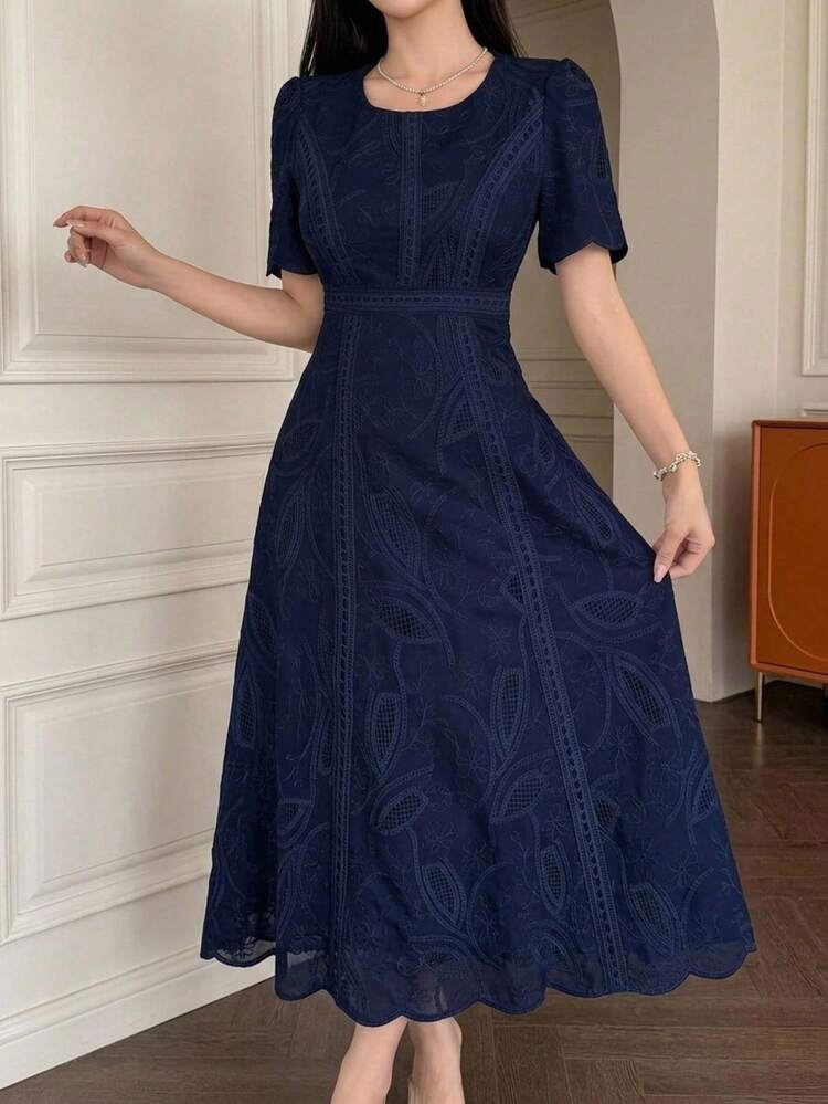 Women's Elegant Floral Lace Round Neck Petal Sleeve Mid-Length Dress, Summer Sundress