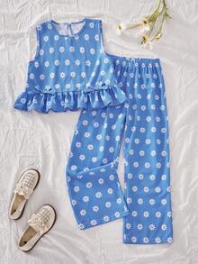 SHEIN Elladie kids 2件套女童时尚可爱3D蝴蝶结无袖上衣和七分裤套装，适合日常穿着、度假、野餐、郊游等多种场合，春夏新品上市 - 藍色 - 查看 3