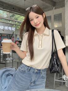 DAZY Polokrage Kontrast Kant Halv Knapprad T-Skjortor - Vitt - Visa 8