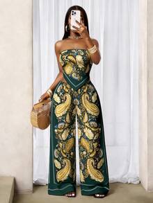 BamGleam Bộ đồ 2 mảnh phong cách Bohemian họa tiết Paisley hạt điều, không dây vai, vạt áo bất đối xứng và quần ống rộng cạp chun, thích hợp mặc đi biển hàng ngày cho nữ, mùa xuân/hè. - màu xanh lá - Xem 6