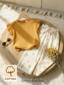 Cozy Pixies Conjunto de 2 piezas para bebé niña con top sin mangas de cuello redondo con volantes y pantalones de cintura elástica de unicolor - Amarillo - Ver 10