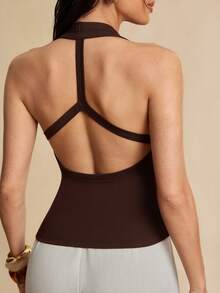Silquee Women's Brown Basic Ribbed U-Neck Tank Top, Versatile, Backless, Crossover Design, Fitted Halter Neck Tank Top, Suitable For Summer Wear, Commuting, And Everyday Wear. - Brown - View 4