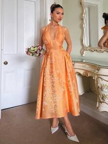 Glamine Charm Vestido acampanado sin mangas con cuello en V y estampado floral en relieve vintage para mujeres - Naranja - Ver 4