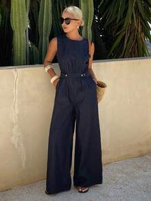 Livesso Pantalones rectos con cinturón decorativo, de estilo vintage lavado azul, para festival de música, vacaciones y uso casual. Monos de calle para mujer, para primavera y verano. - Azul lavado oscuro - Ver 3