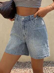 Livesso Shorts vaqueros de pierna recta con estampado floral vintage lavado para mujer, adecuados para primavera, verano, playa y estilo callejero - Lavado ligero - Ver 6