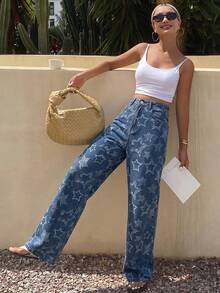 Livesso Jeans rectos y holgados de mujer con estampado floral y de estrellas, adecuados para verano, otoño, primavera, uso casual y de oficina - Azul lavado oscuro - Ver 6