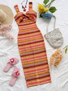 Soleia Đầm midi kẻ sọc dáng suông thoải mái cho nữ, thích hợp cho kỳ nghỉ. - Nhiều màu - Xem 3