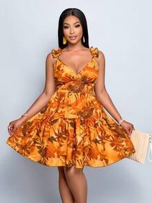 SOLERSUN Plus-Size Women's Orange Summer Boho Vacation Holiday Loose V-Neck Tropical Floral Print Ruffled Layered Suspender Waist Mini Dress Resort Clothing - Brown - View 5