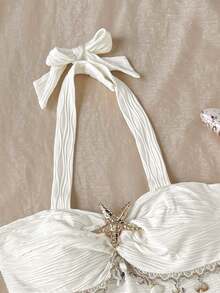 SHEIN Teen Girl Halter Starfish Shell Decor Ruffle V-Neck Floral Knit Textured Tiered Cake Dress For Summer,Beach,Holiday,White Cruise Island Vacation - White - View 6
