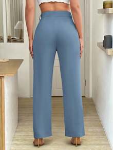 Easowa Pantalones rectos plisados de unicolor simples y regulares para mujer en otoño/invierno - Celeste - Ver 8