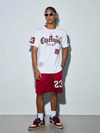 Modcrash Vintage American Angeles City Print Set, Men's Loose 23 Number T-Shirt And Shorts 2 Pieces Outfit