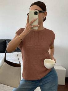 Siren Gaze Casual Solid Color Round Neck T-Shirt, Versatile For Summer,Summer Top - Chocolate Brown - View 7