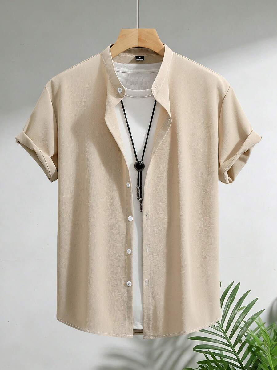 Manfinity Homme Men's Solid Color Front Button Casual Short Sleeve Shirt, Summer - Khaki - View 1