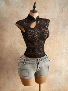 Mistrie Women's Daily Casual Elegant & Sexy Black Lace Hollow-Out Sheer Shirt With Frog Closure Decor & Slim Fit - Black - View 3