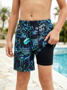 SHEIN Celana Pendek Pantai Longgar, Serbaguna, Nyaman, Kasual untuk Remaja Laki-laki, Motif Video Game Bercahaya dalam Gelap, Patchwork, Lapisan Dalam Ketat - MultiWarna - View 8