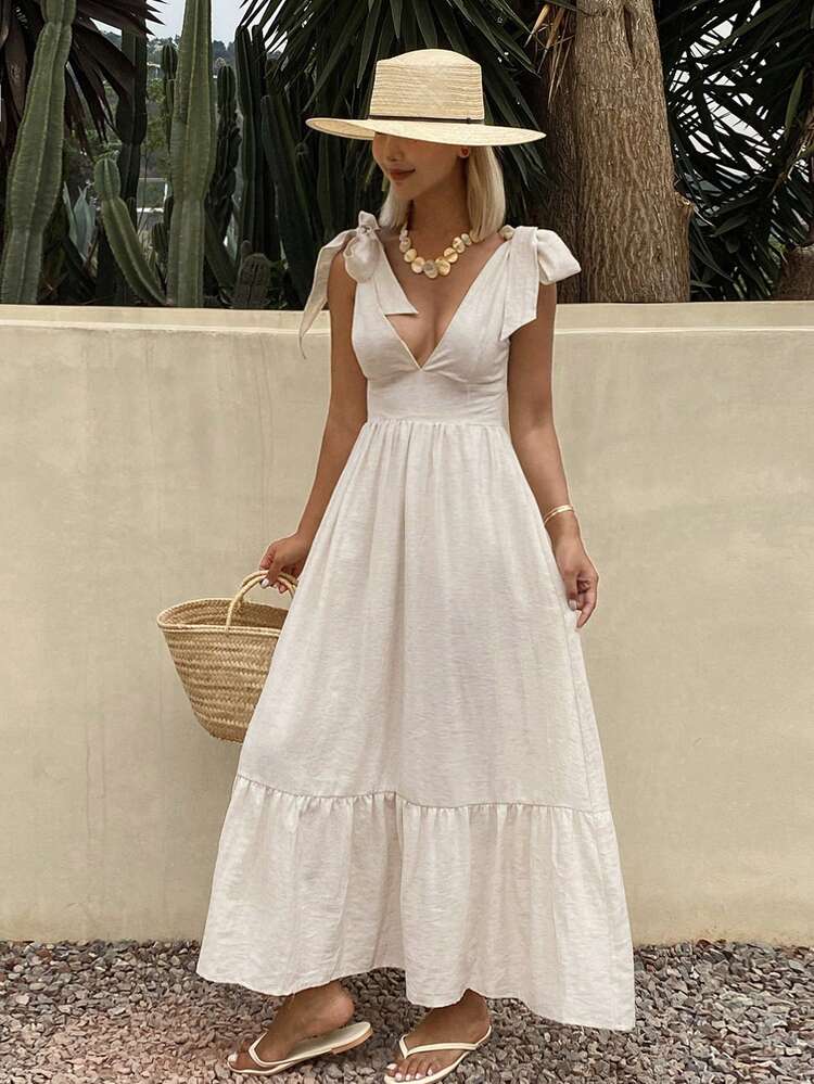 Casual Vacation Style Bow Tie V-Neck Long Dress For Women, Spring & Summer