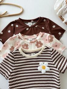 SHEIN 6pcs Baby Girl Knit Floral Striped Round Neck Casual T-Shirt And Shorts Set - Multicolor - View 5