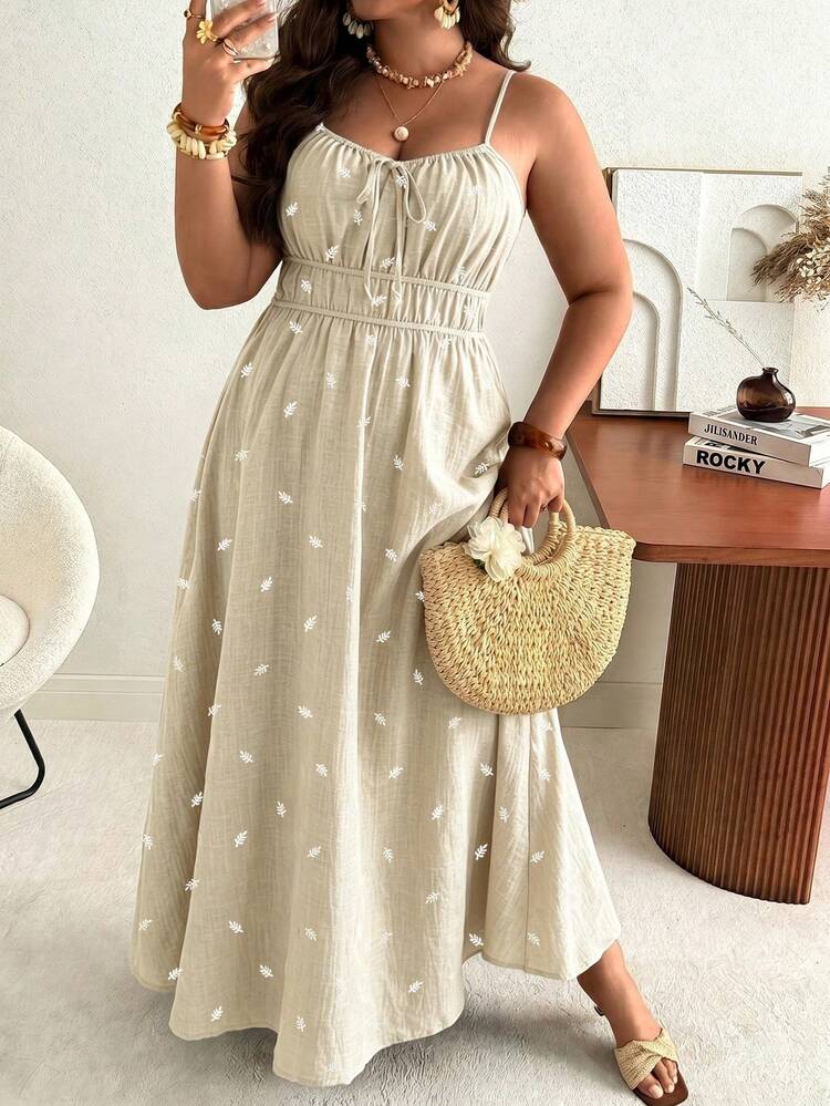 Ceyna Plus Size Women's French Style Casual Elegant Embroidered Floral Print Waist Tie Dress - Apricot - View 1