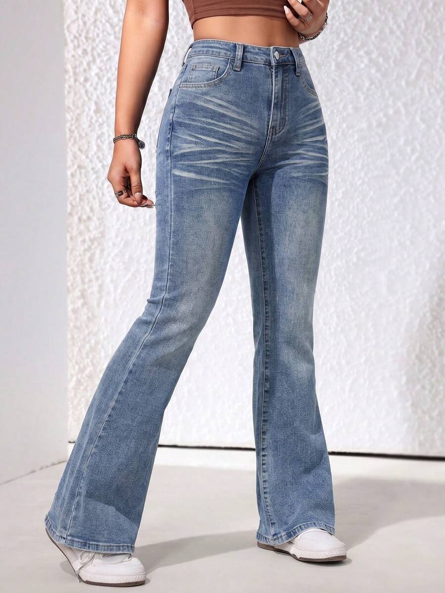 SHEIN Quần jeans ống loe cạp trung cho nữ, quần denim thường ngày và đi nghỉ mát. - Rửa trung bình - Xem 1