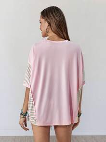 Wildy Áo thun nữ dáng rộng, thoải mái, họa tiết sọc phối màu, phong cách miền Tây nước Mỹ, thích hợp mặc hàng ngày vào mùa xuân/hè. - Hồng - Xem 2
