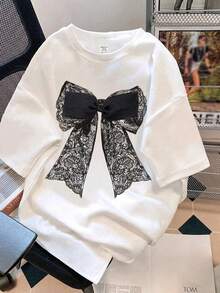 SHEIN EZwear 100%純棉女款休閒寬鬆圓領T恤，蝴蝶結裝飾，女款休閒夏季上衣 - 白色 - 查看 5