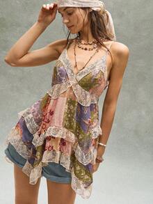 Bohemela Áo hai dây nữ kiểu dáng thường ngày, dệt ghép mảnh, viền ren, vạt áo bất đối xứng. - Nhiều màu - Xem 4