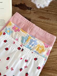 LMoss Kids Baby Girl Casual Cute Versatile Knitted Floral & Strawberry Pattern Elastic Waist Pants - Multicolor - View 3