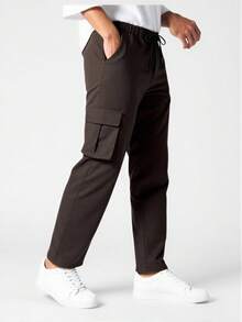 Manfinity Homme Men's Solid Color Drawstring Waist Pocket Casual Cargo Pants, Versatile For Daily Wear - Coffee Brown - View 7