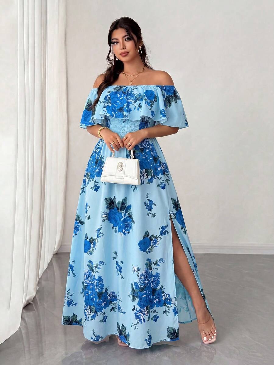 Elenzga Plus Size Women's Light Blue Floral Print Off-Shoulder Ruffle Hem Summer Boho Maxi Dress, Waist Pleated Vacation Holiday Dress For Date&Travel - Multicolor - View 1
