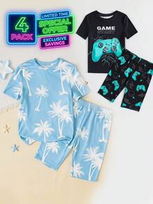 SHEIN 2 Stücke/Set Teenager Jungen Minimalistische Leuchtspiel-Controller Grafik Rundhals Kurzarm Shorts Pyjama Set, bequem hautfreundlich eng anliegend, lässiger College-Stil, vielseitig, weicher Stoff, geeignet für den täglichen Gebrauch, Feiertage, Frühling/Sommer, Loungewear - Schwarz - Übersicht 2