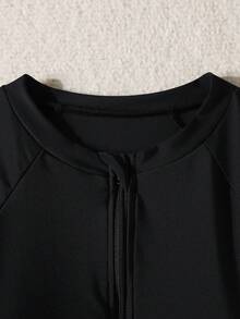 Traje de baño de una pieza para adolescentes con mangas raglán de punto negro, estampado de leopardo y bloques de color, traje de surf con cremallera para primavera/verano - Negro - Ver 6