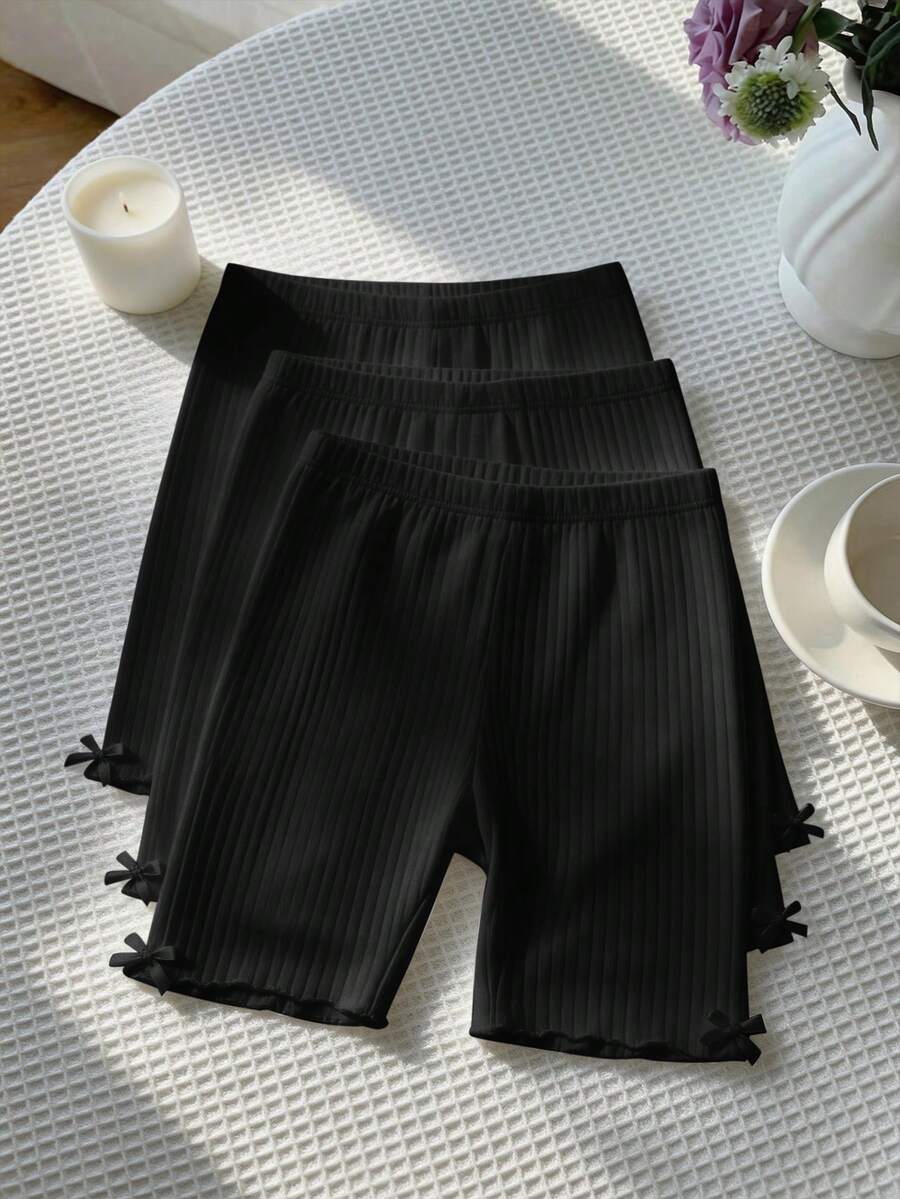 SHEIN LMoss Tween Girl Tween Girl Multi-Pack Solid Color Knit Cycling Leggings - Black - View 1
