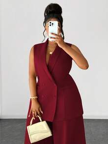Maweii Setelan Rompi Kancing Ganda Elegan Ukuran Plus & Celana Panjang Lebar, Pakaian Kantor/Perjalanan - Burgundy - View 2
