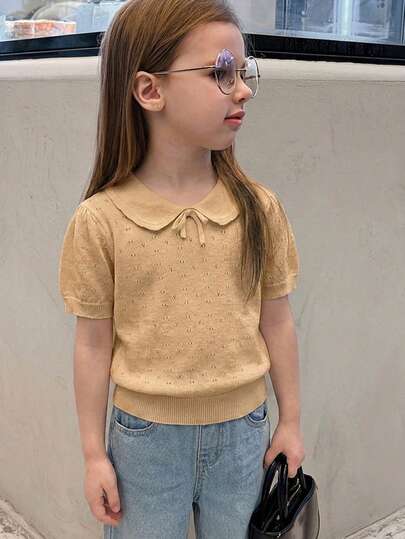 Dazy Kids 女童可爱领结短袖针织上衣，休闲装