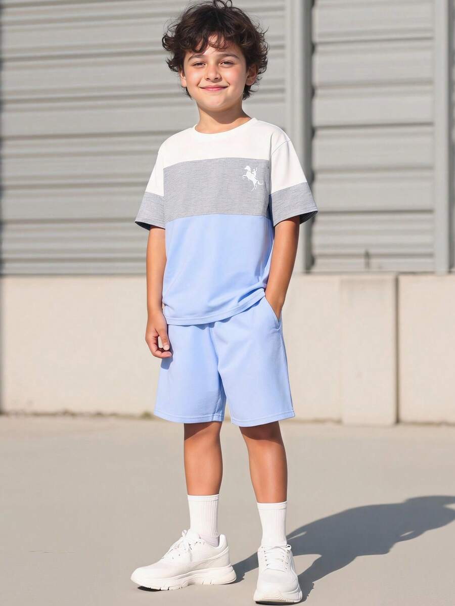 SHEIN 2pcs/Set Kids Tween Boy Light Blue Summer Casual Vacation Contrast Color Block Round Neck Short Sleeve T-Shirt And Shorts Tracksuit Set,Back To School