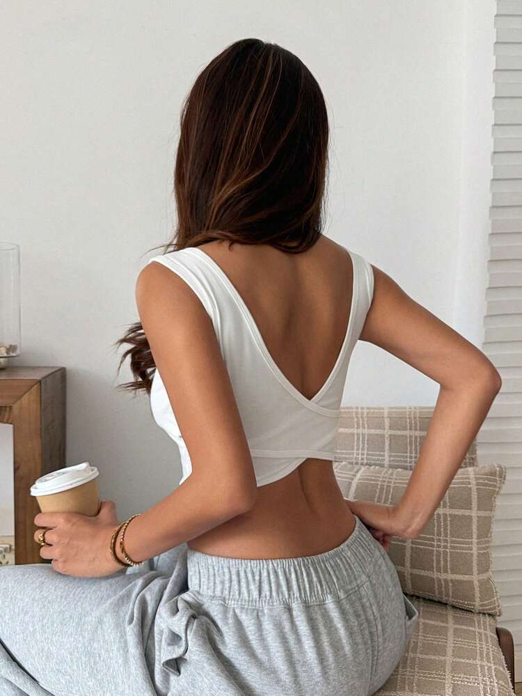 Women's Summer Round Neck Backless Criss-Cross Deep V-Neck Sexy Casual Camisole With Built-In Bra