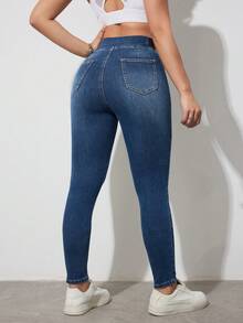 SHEIN Tall Quần jeans nữ cạp cao, cạp chun co giãn, kiểu dáng ôm sát, thích hợp cho mùa hè, công sở và sinh hoạt hàng ngày. Quần jeans nữ cạp cao, dáng ôm, chất liệu co giãn thoải mái, màu tối, thích hợp cho mùa thu/đông. - Màu xanh lam - Xem 2