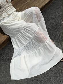 Sunnyshic Plus Size Casual Boho Vacation Lace Patchwork Semi-Sheer Wide Leg Pants Beach White Autumn - White - View 5