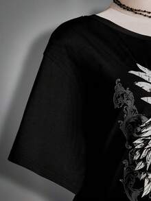 SHEIN ICON 大码女式哥特图案印花宽松不对称肩部T恤，街头服饰 - 黑色 - 查看 9
