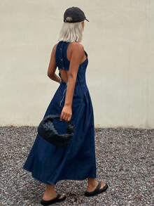 DAZY Đầm denim nữ không tay hở lưng kiểu dáng thường ngày cho mùa hè - Màu xanh lam - Xem 3