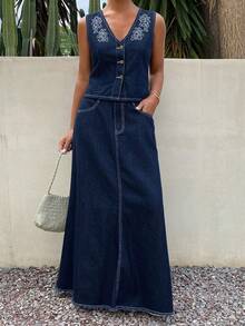 Livesso Bộ đồ 2 món dành cho nữ: Áo vest in hoa và chân váy denim dài chấm đất. - Màu xanh lam - Xem 3