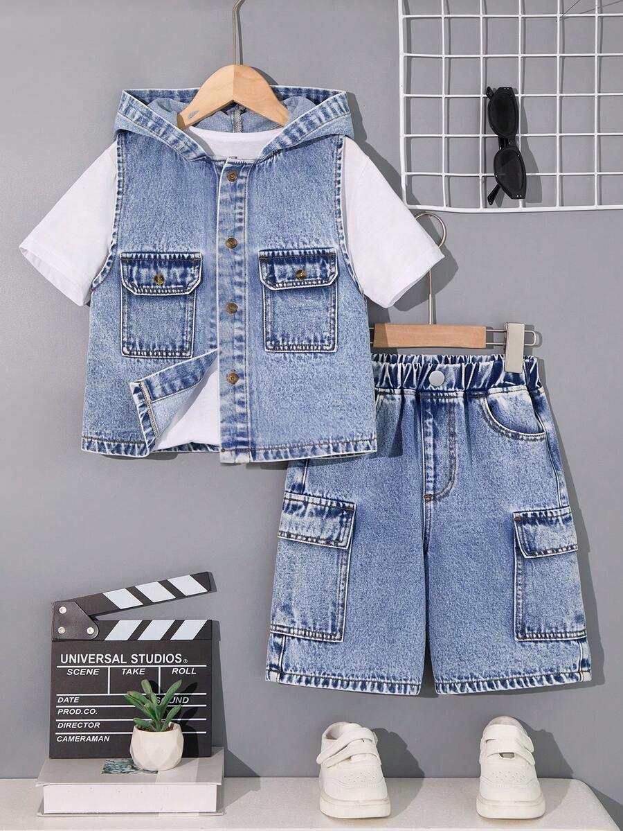 Tween Boy's Hooded Denim Vest And Shorts Set, Washed Style - Medium Wash - View 1