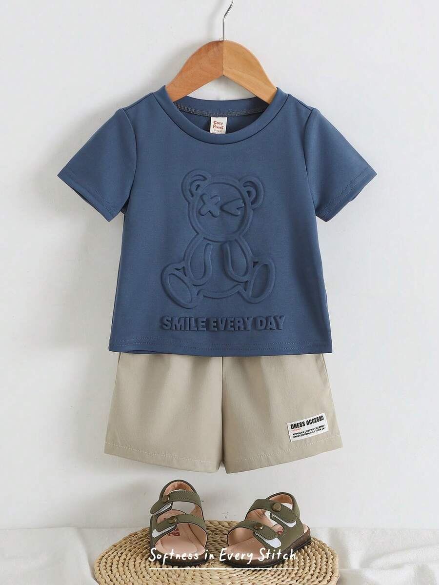 Cozy Pixies 2pcs Baby Boy Cartoon Bear Pattern Knit Soft Round Neck Short Sleeve Top And Elastic Waist Shorts Set - Multicolor - View 1