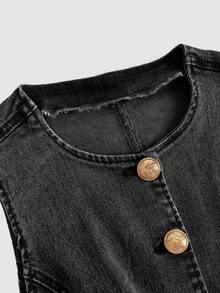 SHEIN MOD 女款前扣無袖牛仔上衣 灰色 夏季 優雅 外出穿搭 - 黑色 - 查看 3