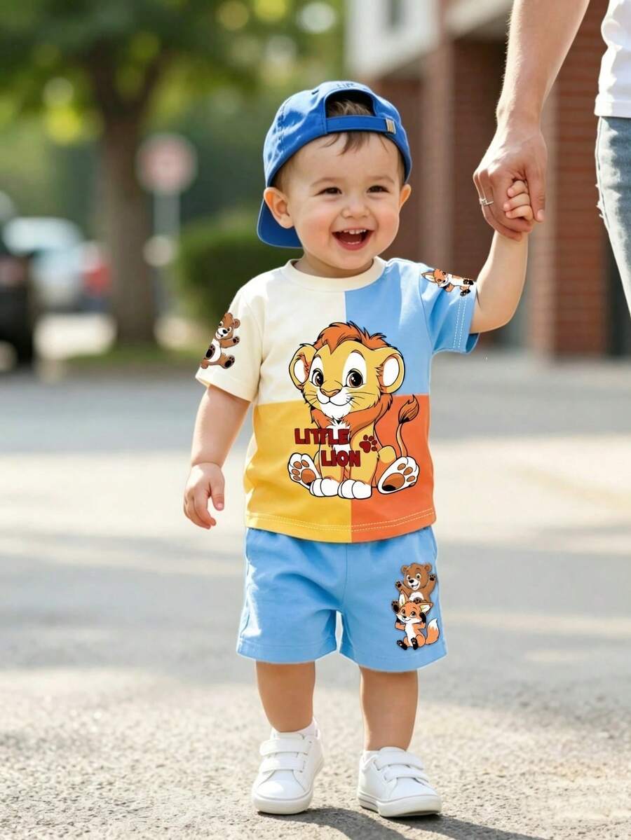 SHEIN Playful Pals 男婴可爱卡通动物拼接撞色圆领T恤和印花短裤套装,适合夏季,适合6个月至3岁的宝宝,沙滩度假风,休闲度假风,适合拍照、日常穿着、外出、街拍、节日庆典、送礼。 - 彩色 - 查看 1