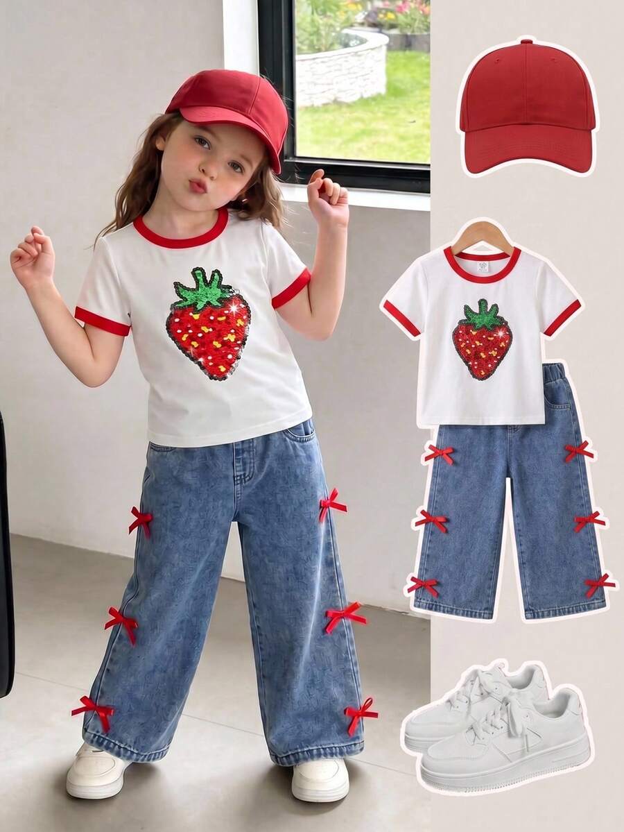 SHEIN Elladie kids 2件套女童休闲水果草莓印花圆领短袖T恤+松紧腰直筒裤,饰有蝴蝶结,甜美可爱,适合日常、上学、公园、旅行等各种场合,室内外皆宜。 - 紅色 - 查看 1