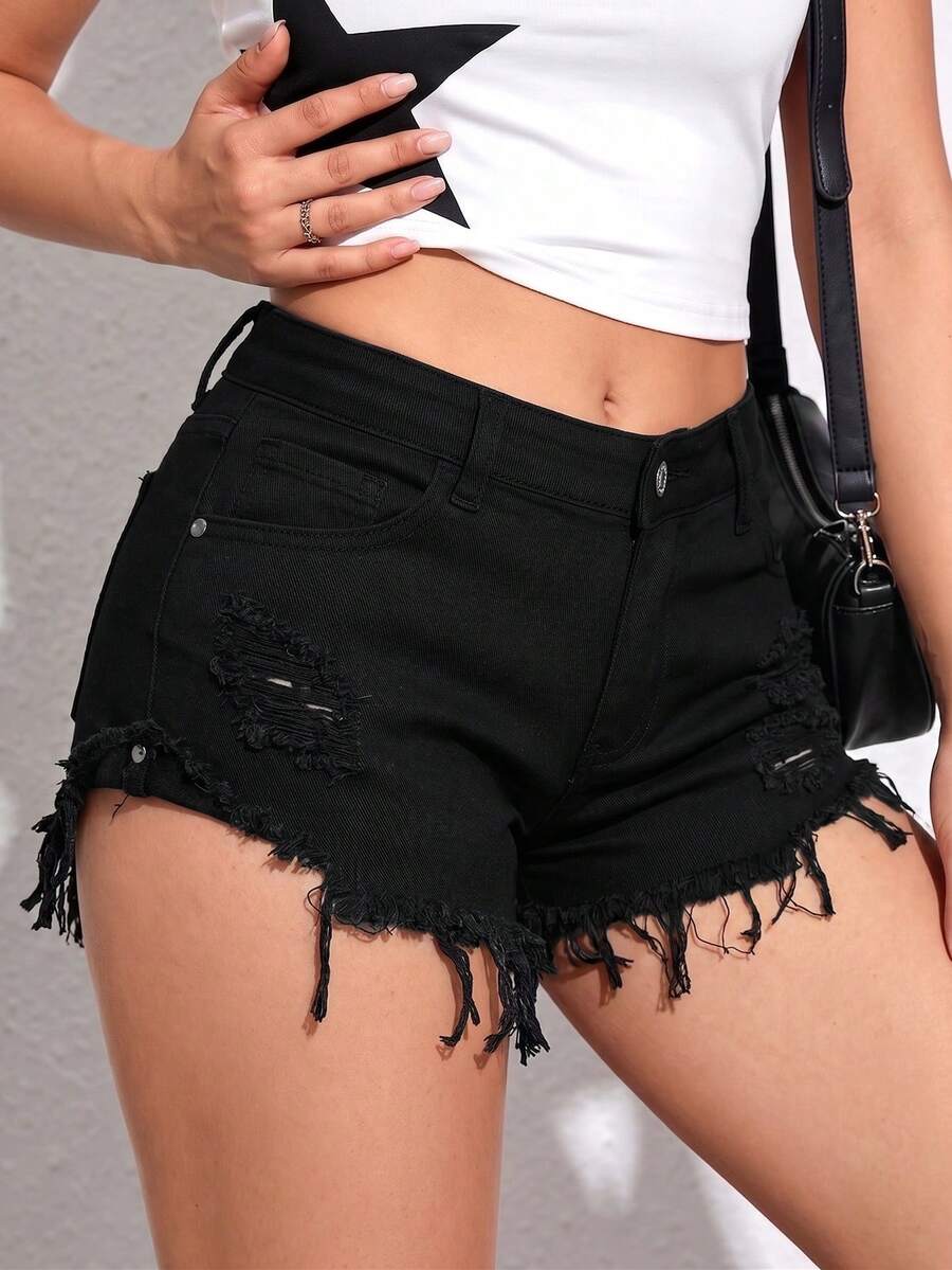 SHEIN Quần short denim nữ mùa hè kiểu dáng thường ngày, rách gấu. - màu đen - Xem 1